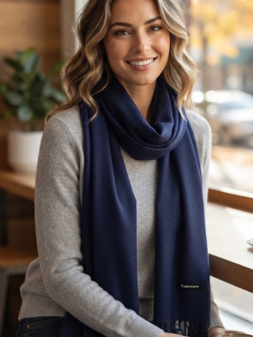 Luxury Navy Blue Cashmere-Feel Winter Scarf Fringe